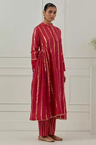 fuchsia cotton anarkali set with plain solid design