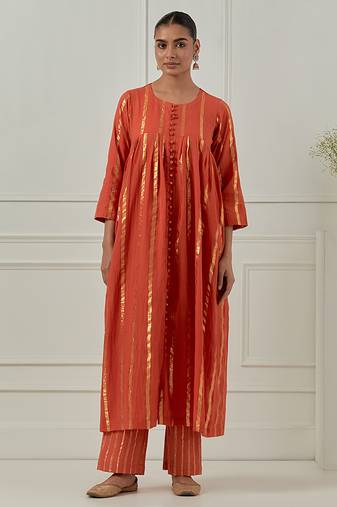 Orange solid cotton anarkali