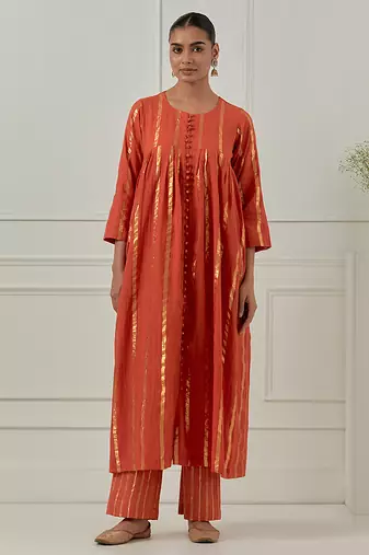 Orange solid cotton anarkali