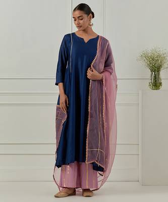 Blue solid chanderi kurta set 1
