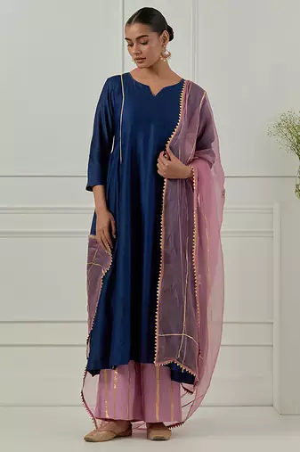 Blue solid chanderi kurta set