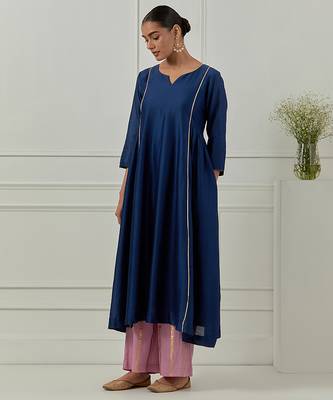 Blue solid chanderi kurta set 3