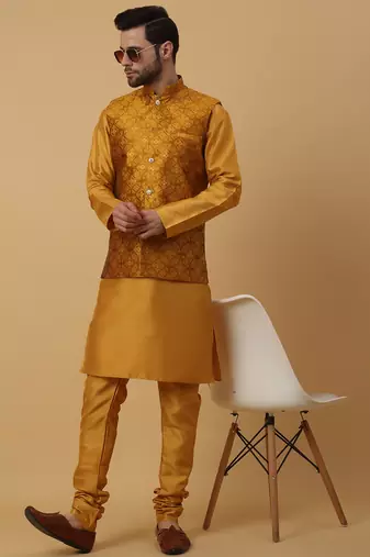 Men's mustard kurta and churidar with jacquard floral nehru jacket