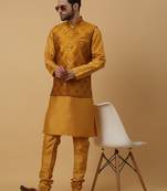 Men's mustard kurta and churidar with jacquard floral nehru jacket