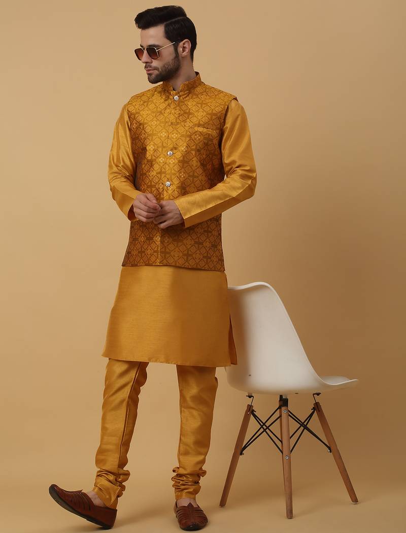 Men's mustard kurta and churidar with jacquard floral nehru jacket
