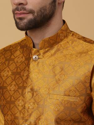 Men's mustard kurta and churidar with jacquard floral nehru jacket 2