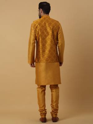Men's mustard kurta and churidar with jacquard floral nehru jacket 3