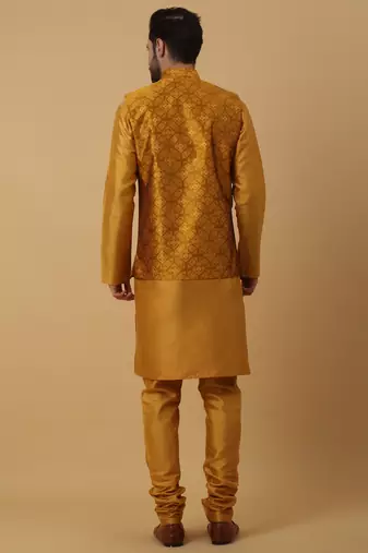 Men's mustard kurta and churidar with jacquard floral nehru jacket