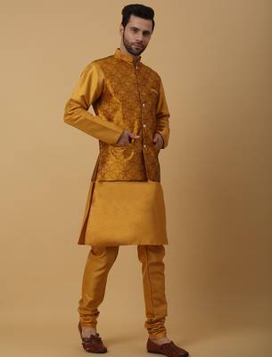 Men's mustard kurta and churidar with jacquard floral nehru jacket 4