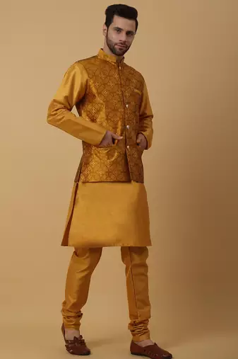 Men's mustard kurta and churidar with jacquard floral nehru jacket