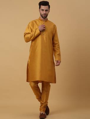Men's mustard kurta and churidar with jacquard floral nehru jacket 5