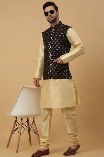 Men's beige kurta and churidar with sequenced cotton silk nehru jacket