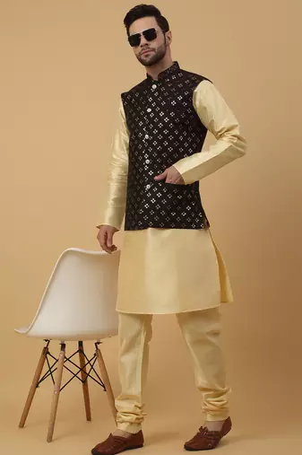 Men's beige kurta and churidar with sequenced cotton silk nehru jacket