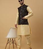 Men's beige kurta and churidar with sequenced cotton silk nehru jacket