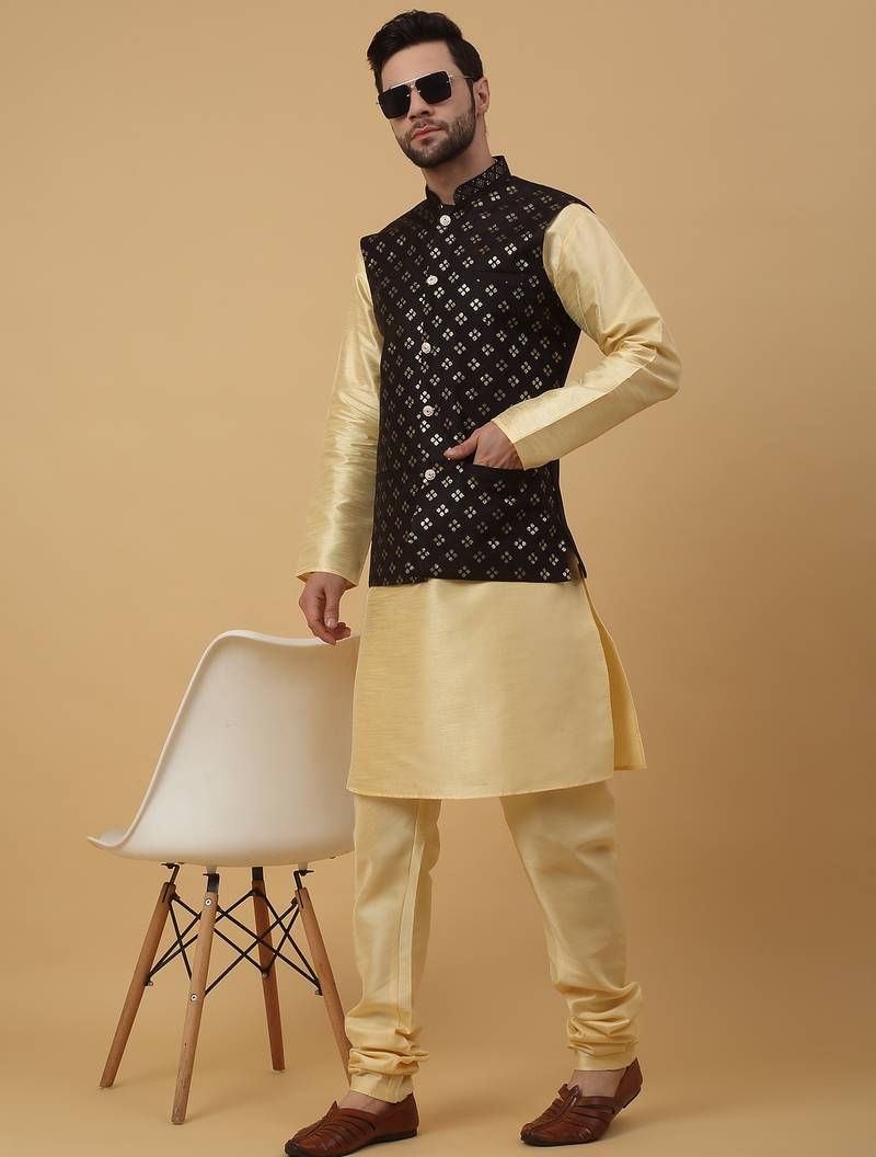Men's beige kurta and churidar with sequenced cotton silk nehru jacket