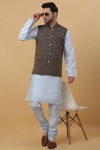 Men's sky blue kurta and churidar with jacquard ethnic motifs printed nehru jacket