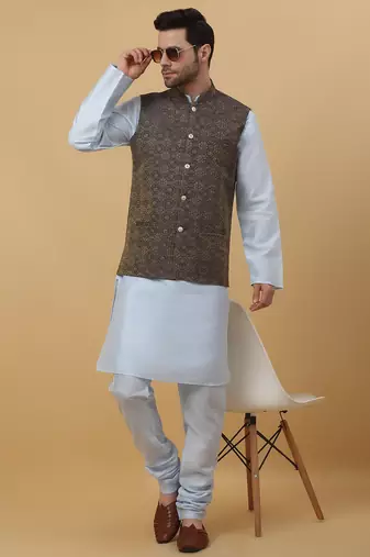 Men's sky blue kurta and churidar with jacquard ethnic motifs printed nehru jacket