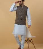 Men's sky blue kurta and churidar with jacquard ethnic motifs printed nehru jacket