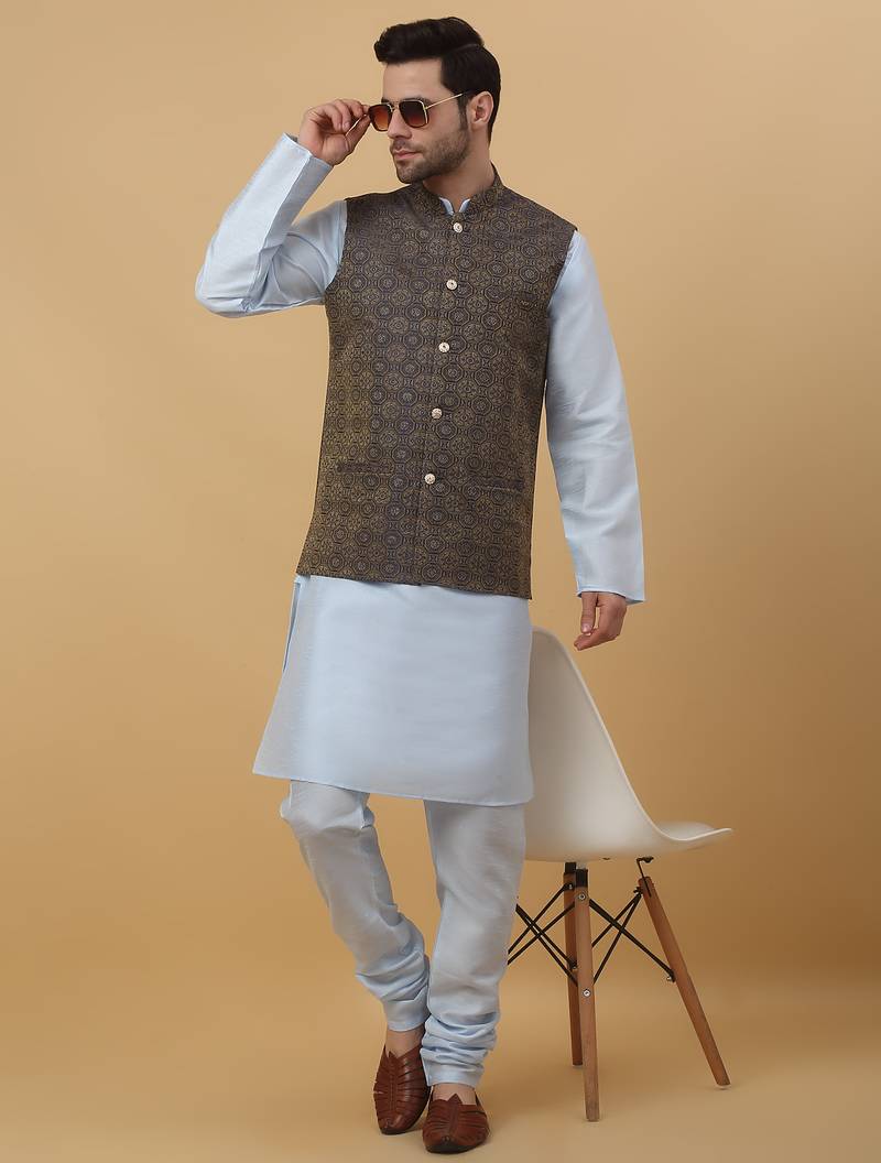 Men's sky blue kurta and churidar with jacquard ethnic motifs printed nehru jacket