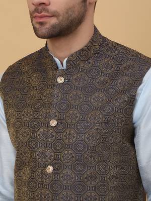 Men's sky blue kurta and churidar with jacquard ethnic motifs printed nehru jacket 2