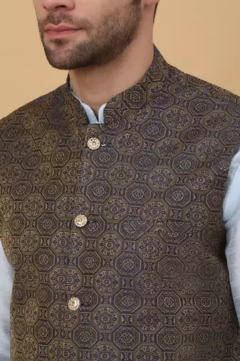 Men's sky blue kurta and churidar with jacquard ethnic motifs printed nehru jacket