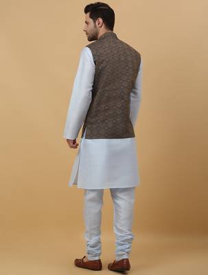 Men's sky blue kurta and churidar with jacquard ethnic motifs printed nehru jacket 3