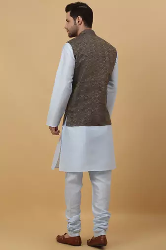 Men's sky blue kurta and churidar with jacquard ethnic motifs printed nehru jacket