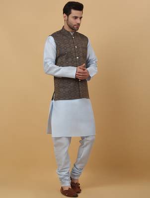 Men's sky blue kurta and churidar with jacquard ethnic motifs printed nehru jacket 4