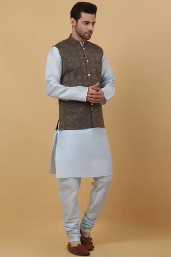 Men's sky blue kurta and churidar with jacquard ethnic motifs printed nehru jacket