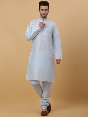 Men's sky blue kurta and churidar with jacquard ethnic motifs printed nehru jacket 5