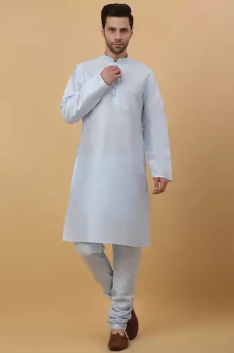 Men's sky blue kurta and churidar with jacquard ethnic motifs printed nehru jacket