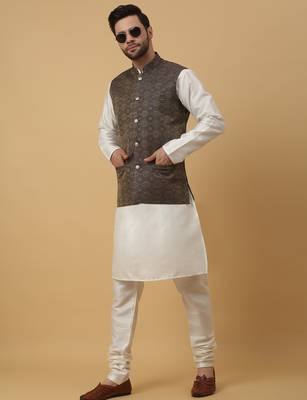 Men's cream kurta and churidar with jacquard ethnic motifs printed nehru jacket 1