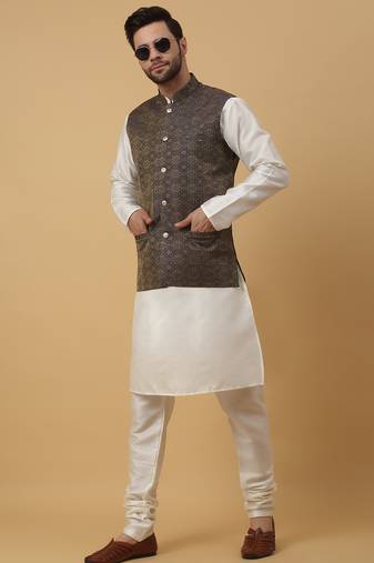 Men's cream kurta and churidar with jacquard ethnic motifs printed nehru jacket