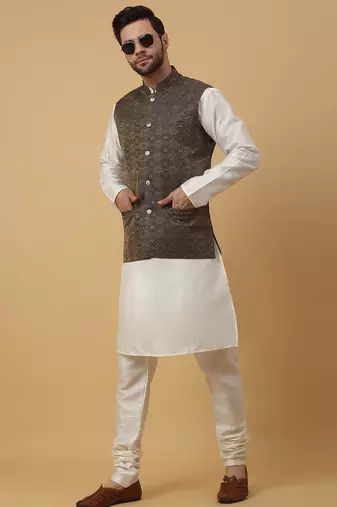 Men's cream kurta and churidar with jacquard ethnic motifs printed nehru jacket