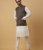 Men's cream kurta and churidar with jacquard ethnic motifs printed nehru jacket