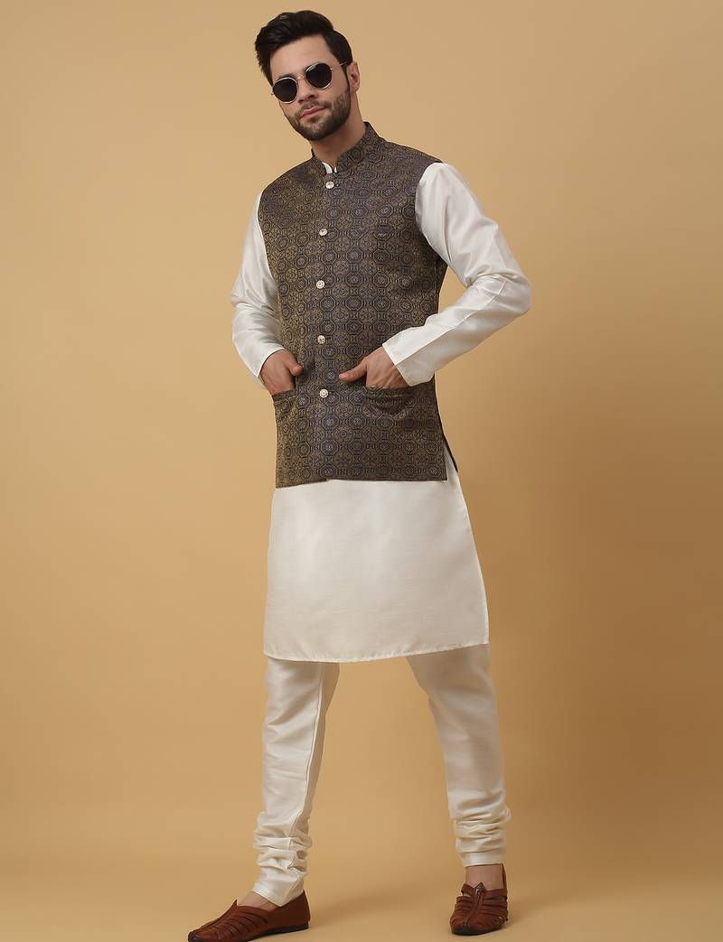 Men's cream kurta and churidar with jacquard ethnic motifs printed nehru jacket