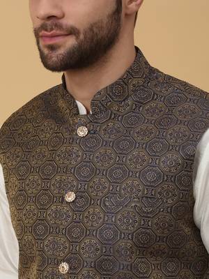 Men's cream kurta and churidar with jacquard ethnic motifs printed nehru jacket 2