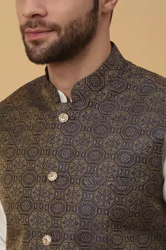 Men's cream kurta and churidar with jacquard ethnic motifs printed nehru jacket
