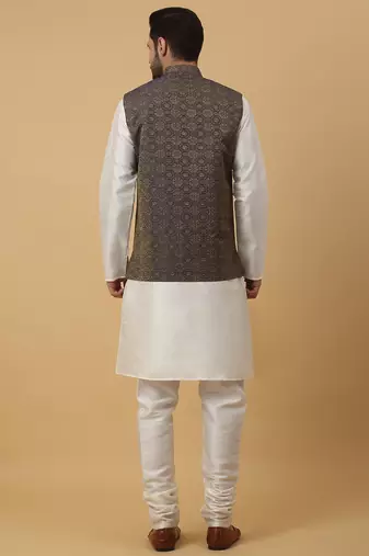 Men's cream kurta and churidar with jacquard ethnic motifs printed nehru jacket