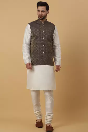 Men's cream kurta and churidar with jacquard ethnic motifs printed nehru jacket