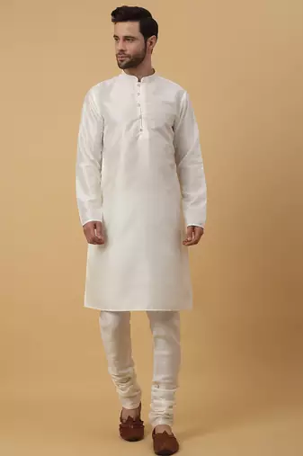 Men's cream kurta and churidar with jacquard ethnic motifs printed nehru jacket