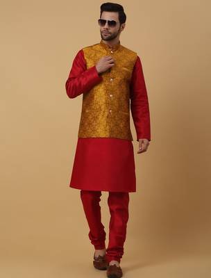 Men's mustard kurta and churidar with jacquard floral nehru jacket 1