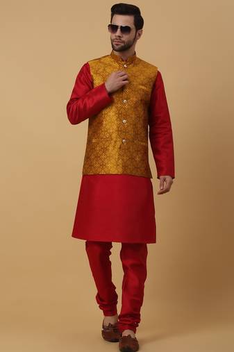 Men's mustard kurta and churidar with jacquard floral nehru jacket