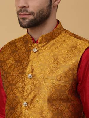Men's mustard kurta and churidar with jacquard floral nehru jacket 2