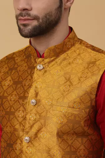 Men's mustard kurta and churidar with jacquard floral nehru jacket