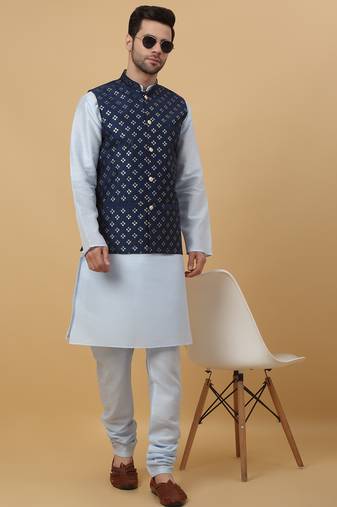 Men's sky blue kurta and churidar with sequenced cotton silk nehru jacket