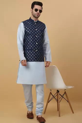 Men's sky blue kurta and churidar with sequenced cotton silk nehru jacket
