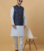 Men's sky blue kurta and churidar with sequenced cotton silk nehru jacket
