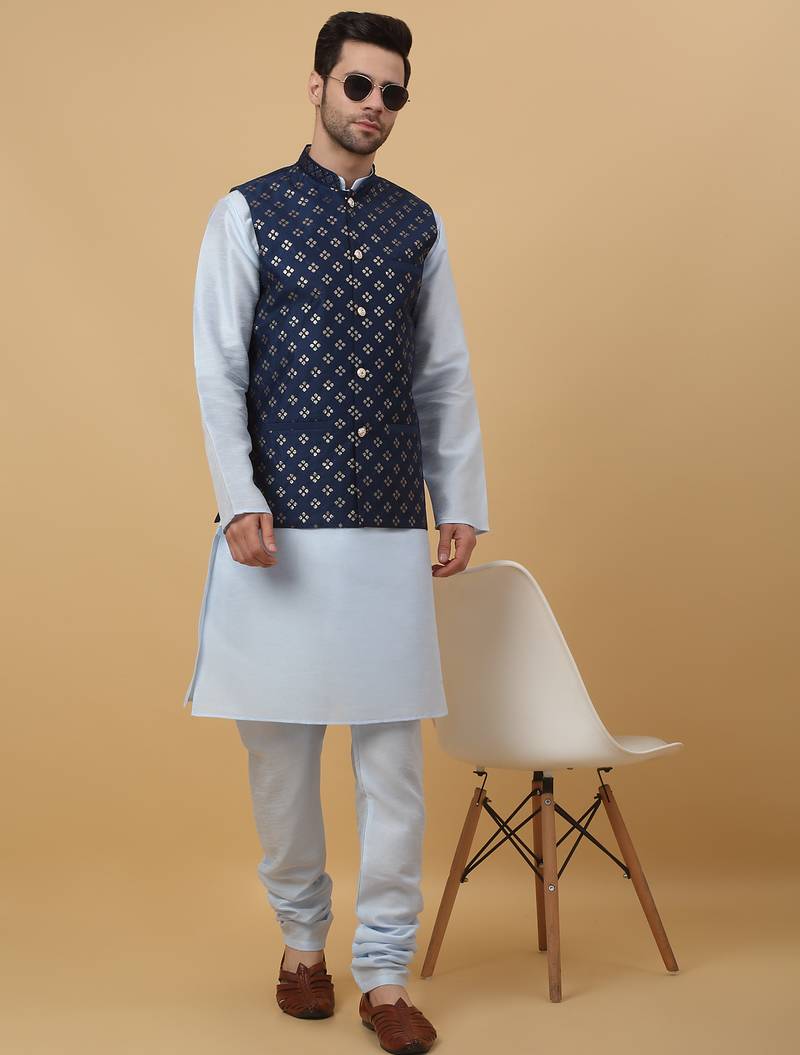 Men's sky blue kurta and churidar with sequenced cotton silk nehru jacket