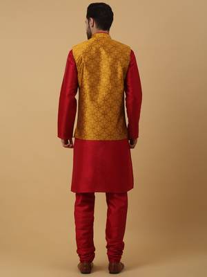 Men's mustard kurta and churidar with jacquard floral nehru jacket 3
